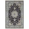 Persian Cream Navy Blue Light Blue Tan Medallion Floral Patterned Naein Hand Knotted Wool Rug - 1