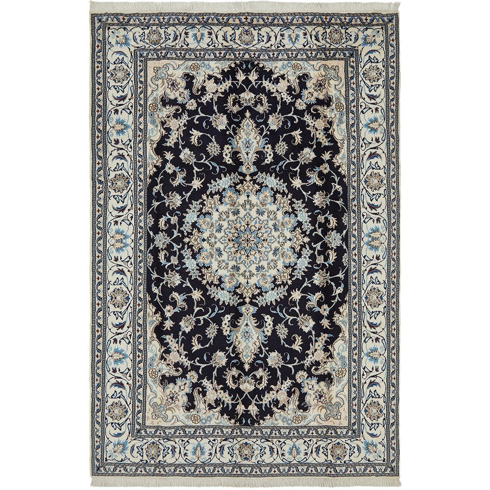 Persian Cream Navy Blue Light Blue Tan Medallion Floral Patterned Naein Hand Knotted Wool Rug - 1