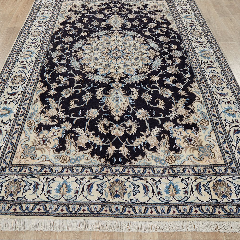 Persian Cream Navy Blue Light Blue Tan Medallion Floral Patterned Naein Hand Knotted Wool Rug - 2