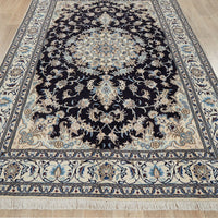 Persian Cream Navy Blue Light Blue Tan Medallion Floral Patterned Naein Hand Knotted Wool Rug - 2