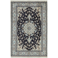 Persian Cream Navy Blue Light Blue Tan Medallion Floral Patterned Naein Hand Knotted Wool Rug - 1