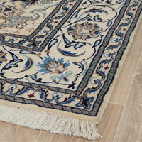 Persian Cream Navy Blue Light Blue Tan Medallion Floral Patterned Naein Hand Knotted Wool Rug - 3