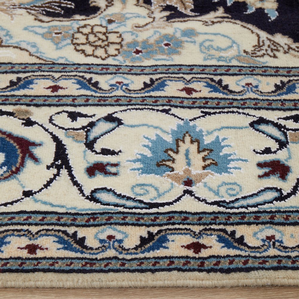 Persian Cream Navy Blue Light Blue Tan Medallion Floral Patterned Naein Hand Knotted Wool Rug - 4