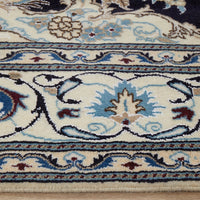 Persian Cream Navy Blue Light Blue Tan Medallion Floral Patterned Naein Hand Knotted Wool Rug - 4