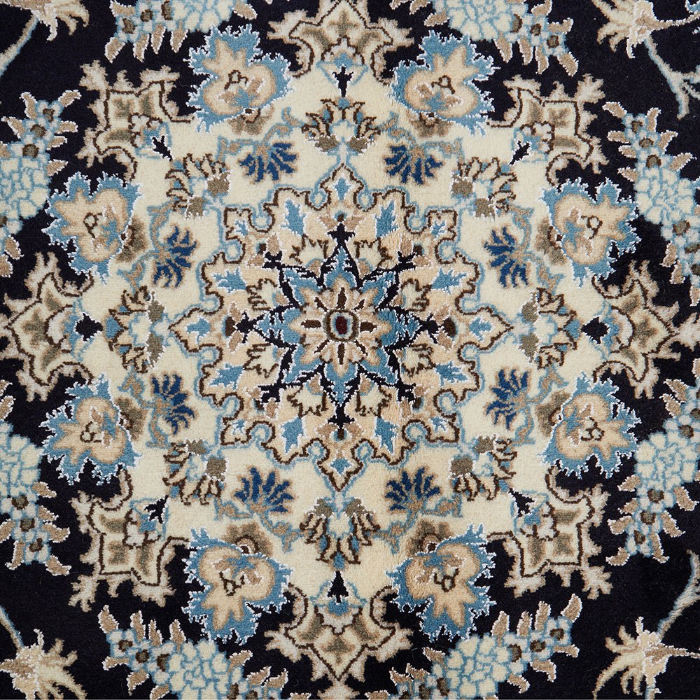 Persian Cream Navy Blue Light Blue Tan Medallion Floral Patterned Naein Hand Knotted Wool Rug - 5