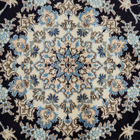 Persian Cream Navy Blue Light Blue Tan Medallion Floral Patterned Naein Hand Knotted Wool Rug - 5
