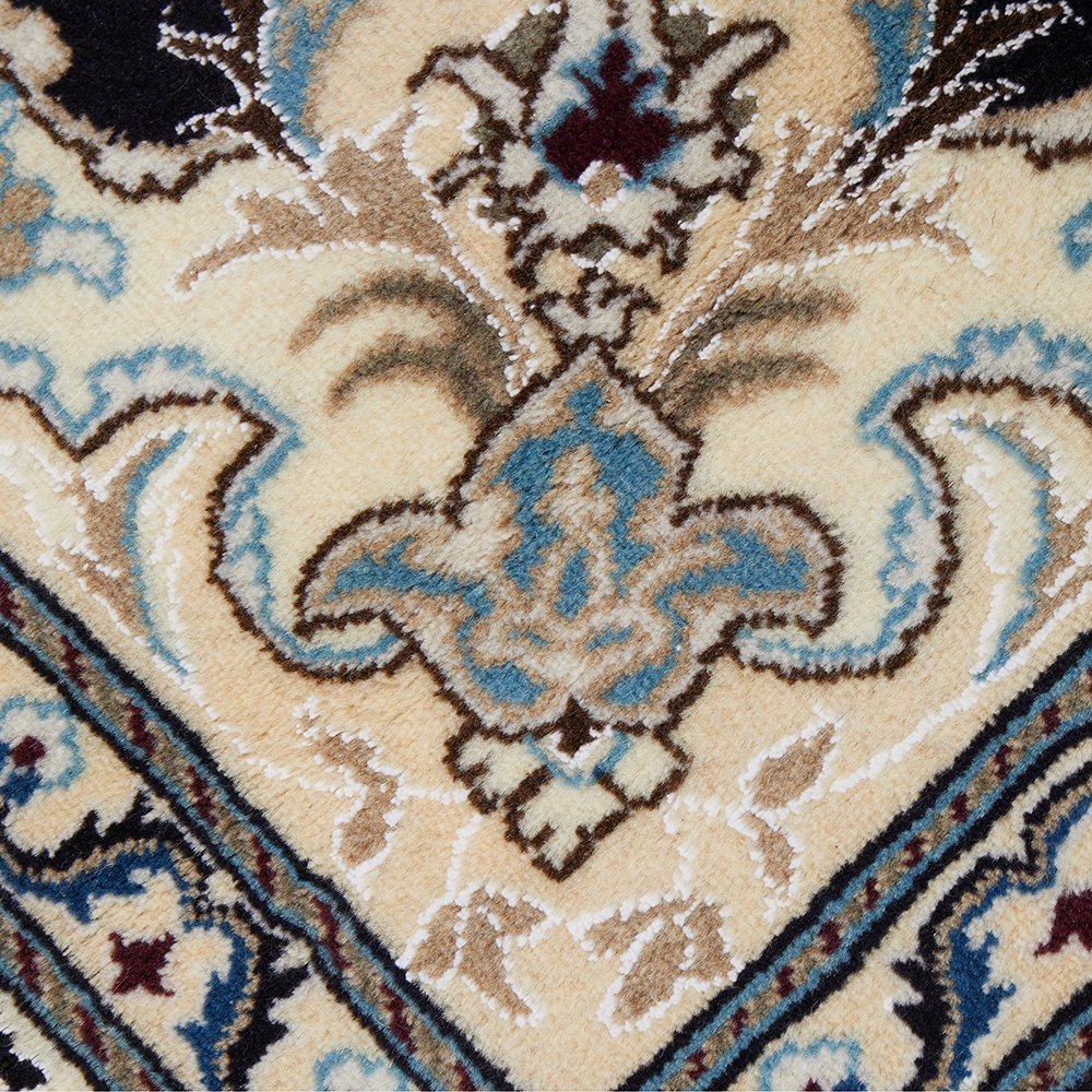 Persian Cream Navy Blue Light Blue Tan Medallion Floral Patterned Naein Hand Knotted Wool Rug - 6