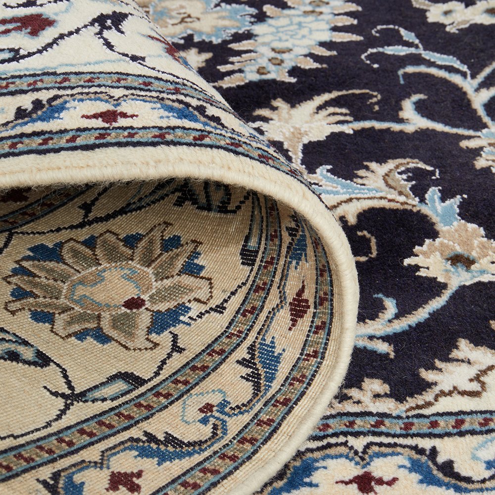 Persian Cream Navy Blue Light Blue Tan Medallion Floral Patterned Naein Hand Knotted Wool Rug - 7
