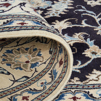 Persian Cream Navy Blue Light Blue Tan Medallion Floral Patterned Naein Hand Knotted Wool Rug - 7