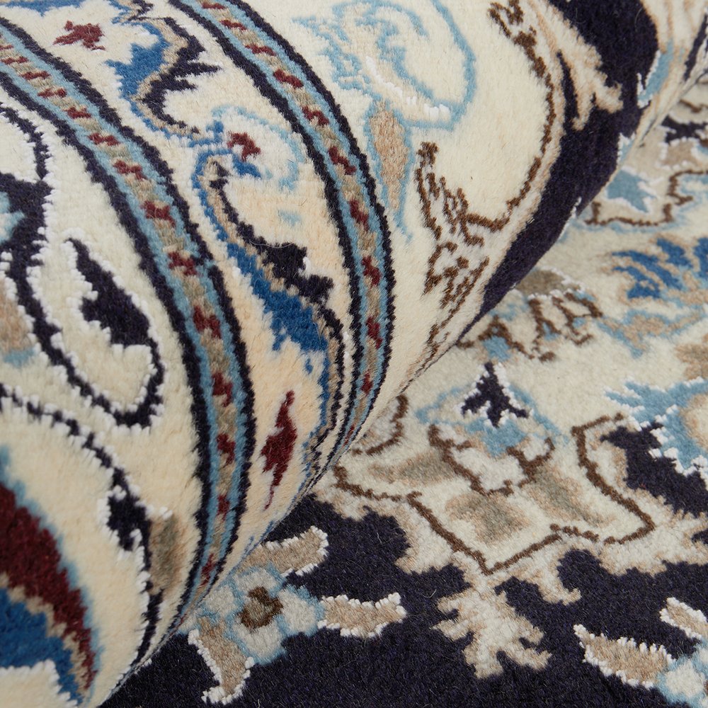 Persian Cream Navy Blue Light Blue Tan Medallion Floral Patterned Naein Hand Knotted Wool Rug - 8