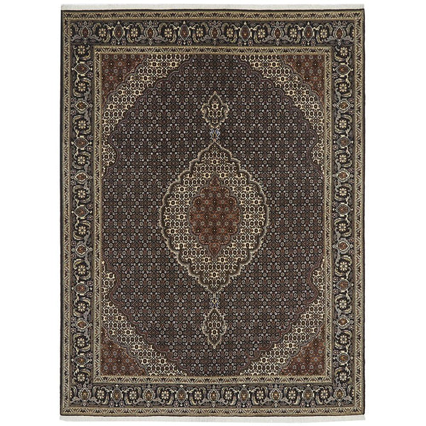 Decorative Persian wool rug with intricate patterns on a brown background