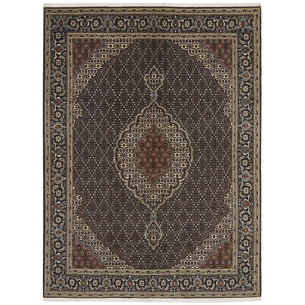 Decorative Persian wool rug with intricate patterns on a brown background