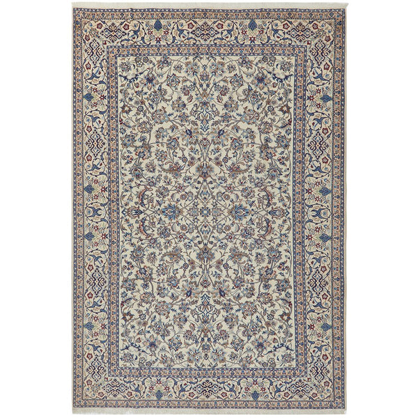 Persian Cream Blue Tan Multi Colour Medallion Floral Patterned Naein Hand Knotted Wool Rug - 1