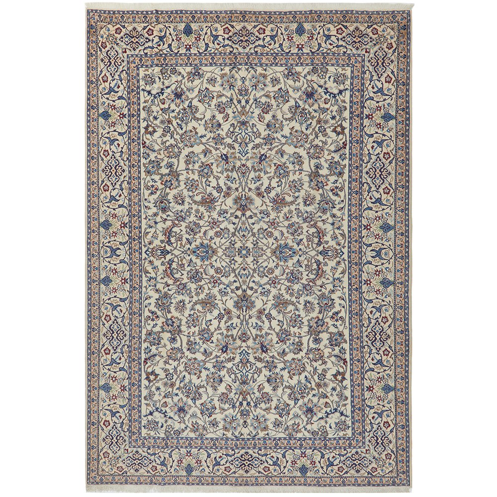 Persian Cream Blue Tan Multi Colour Medallion Floral Patterned Naein Hand Knotted Wool Rug - 1