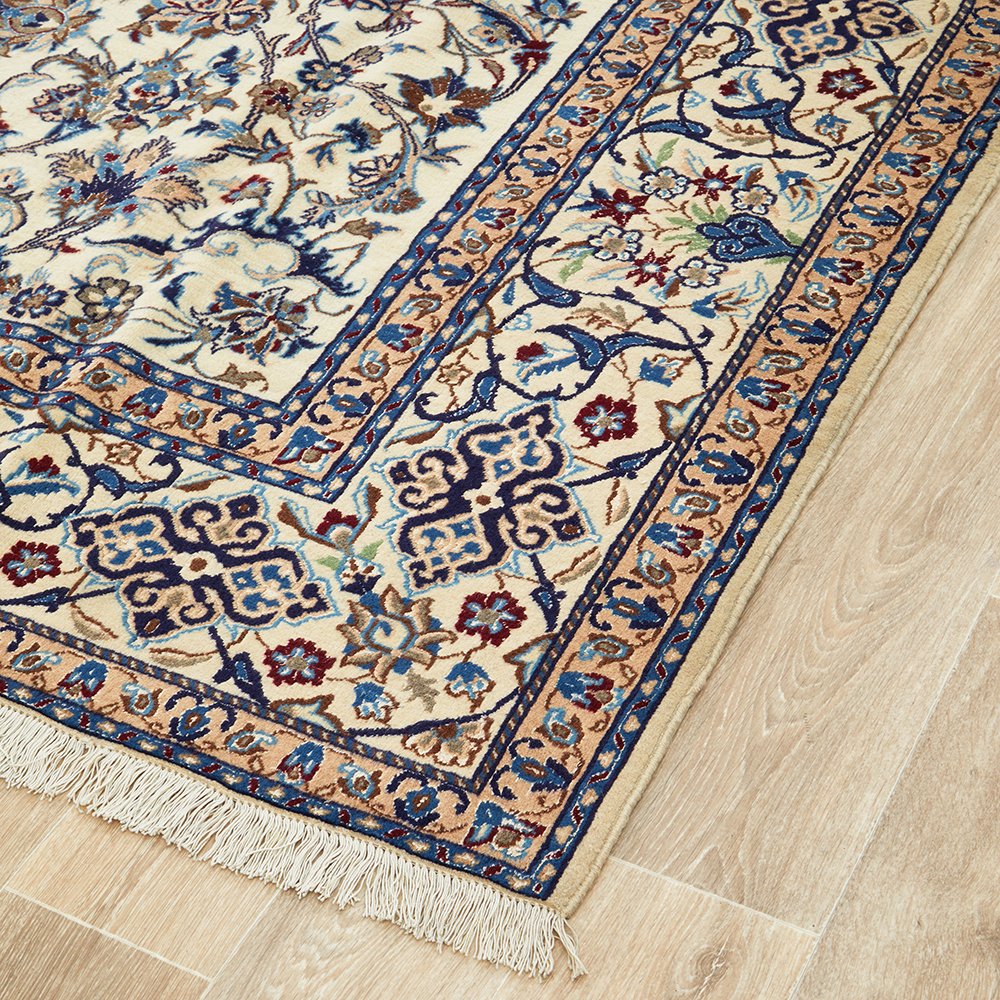 Persian Cream Blue Tan Multi Colour Medallion Floral Patterned Naein Hand Knotted Wool Rug - 3