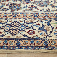 Persian Cream Blue Tan Multi Colour Medallion Floral Patterned Naein Hand Knotted Wool Rug - 4