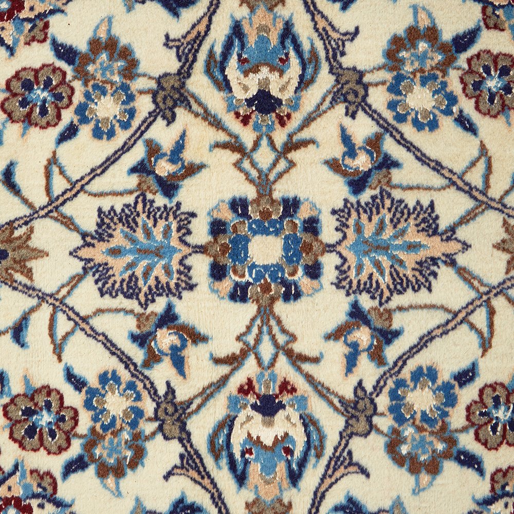 Persian Cream Blue Tan Multi Colour Medallion Floral Patterned Naein Hand Knotted Wool Rug - 6