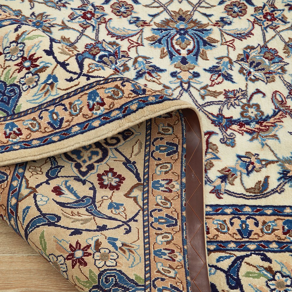 Persian Cream Blue Tan Multi Colour Medallion Floral Patterned Naein Hand Knotted Wool Rug - 7