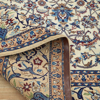 Persian Cream Blue Tan Multi Colour Medallion Floral Patterned Naein Hand Knotted Wool Rug - 7