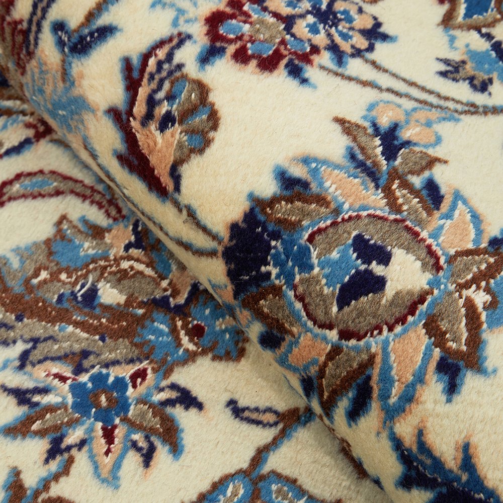 Persian Cream Blue Tan Multi Colour Medallion Floral Patterned Naein Hand Knotted Wool Rug - 8