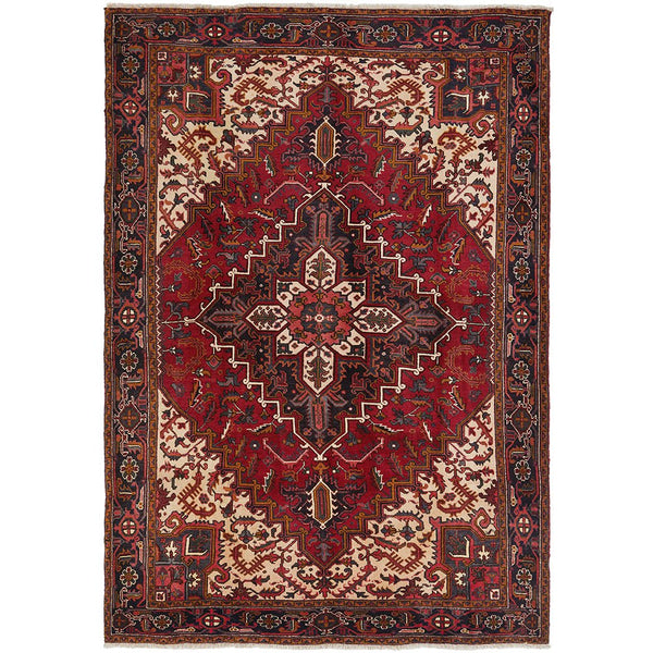 Persian Heriz Medallion Red Beige Multi Colour Hand Knotted Wool Rug - Rugs Of Beauty - 1