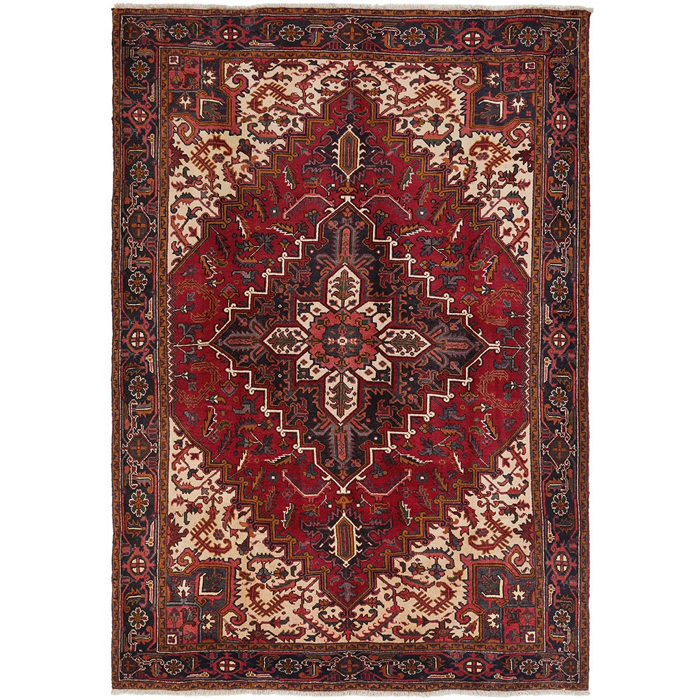Persian Heriz Medallion Red Beige Multi Colour Hand Knotted Wool Rug - Rugs Of Beauty - 1