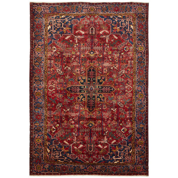 Persian Red Blue Multi Colour Geometric Medallion Heriz Patterned Hand Knotted Wool Rug - 1