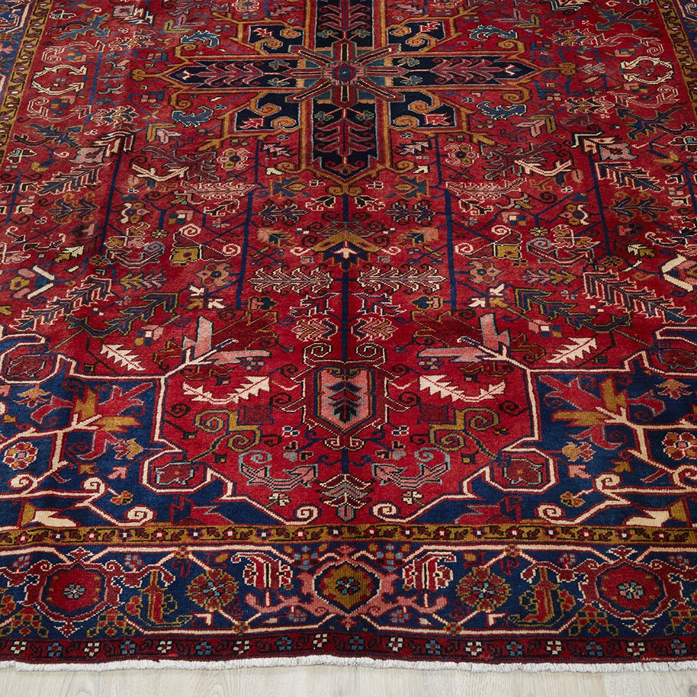 Persian Red Blue Multi Colour Geometric Medallion Heriz Patterned Hand Knotted Wool Rug - 2