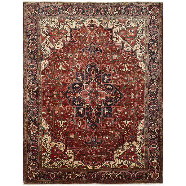 Persian Red Blue Beige Multi Colour Geometric Medallion Heriz Patterned Hand Knotted Wool Rug - 1