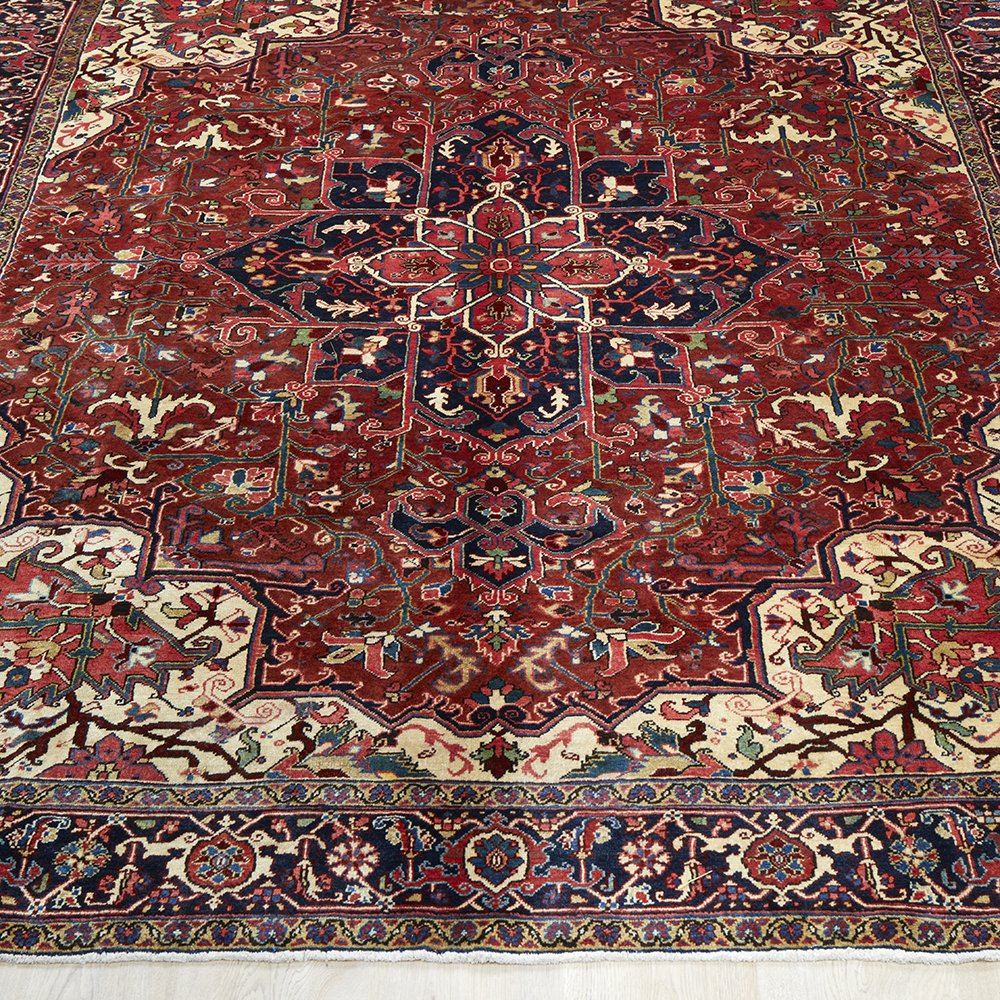 Persian Red Blue Beige Multi Colour Geometric Medallion Heriz Patterned Hand Knotted Wool Rug - 2