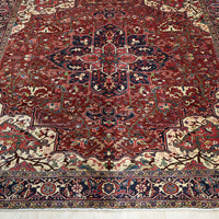Persian Red Blue Beige Multi Colour Geometric Medallion Heriz Patterned Hand Knotted Wool Rug - 2