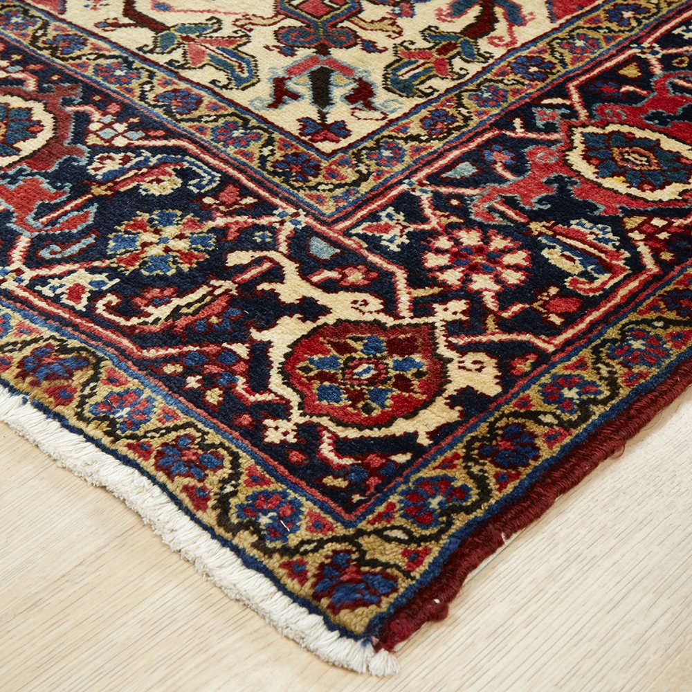 Persian Red Blue Beige Multi Colour Geometric Medallion Heriz Patterned Hand Knotted Wool Rug - 3