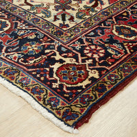 Persian Red Blue Beige Multi Colour Geometric Medallion Heriz Patterned Hand Knotted Wool Rug - 3