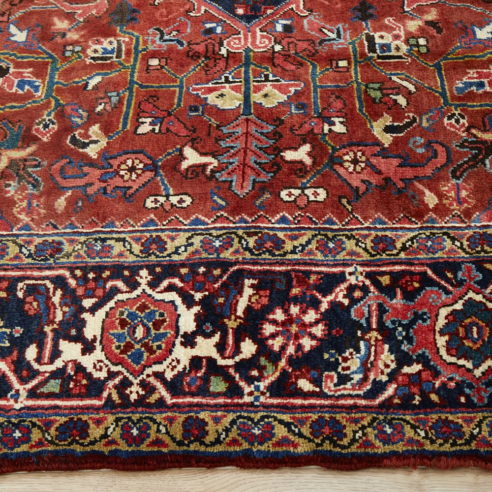 Persian Red Blue Beige Multi Colour Geometric Medallion Heriz Patterned Hand Knotted Wool Rug - 4