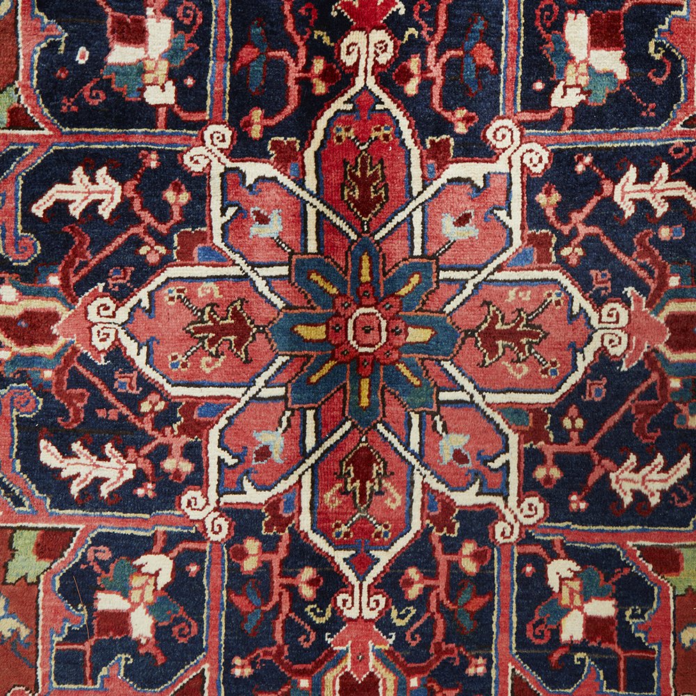 Persian Red Blue Beige Multi Colour Geometric Medallion Heriz Patterned Hand Knotted Wool Rug - 5