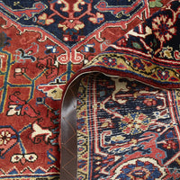 Persian Red Blue Beige Multi Colour Geometric Medallion Heriz Patterned Hand Knotted Wool Rug - 6