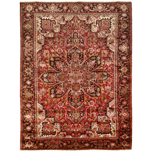 Persian Red Black Beige Multi Colour Geometric Medallion Heriz Patterned Hand Knotted Wool Rug - 1
