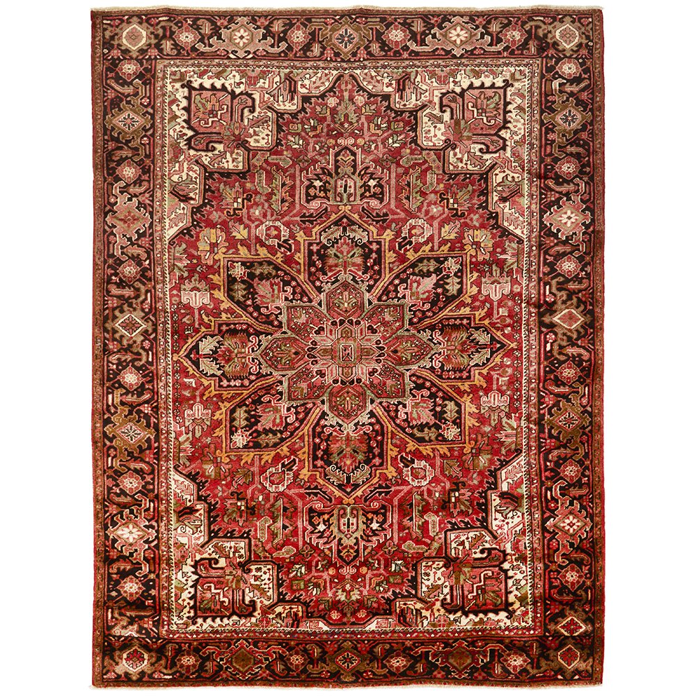 Persian Red Black Beige Multi Colour Geometric Medallion Heriz Patterned Hand Knotted Wool Rug - 1