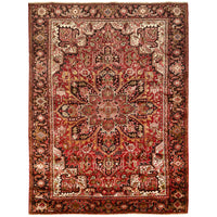 Persian Red Black Beige Multi Colour Geometric Medallion Heriz Patterned Hand Knotted Wool Rug - 1
