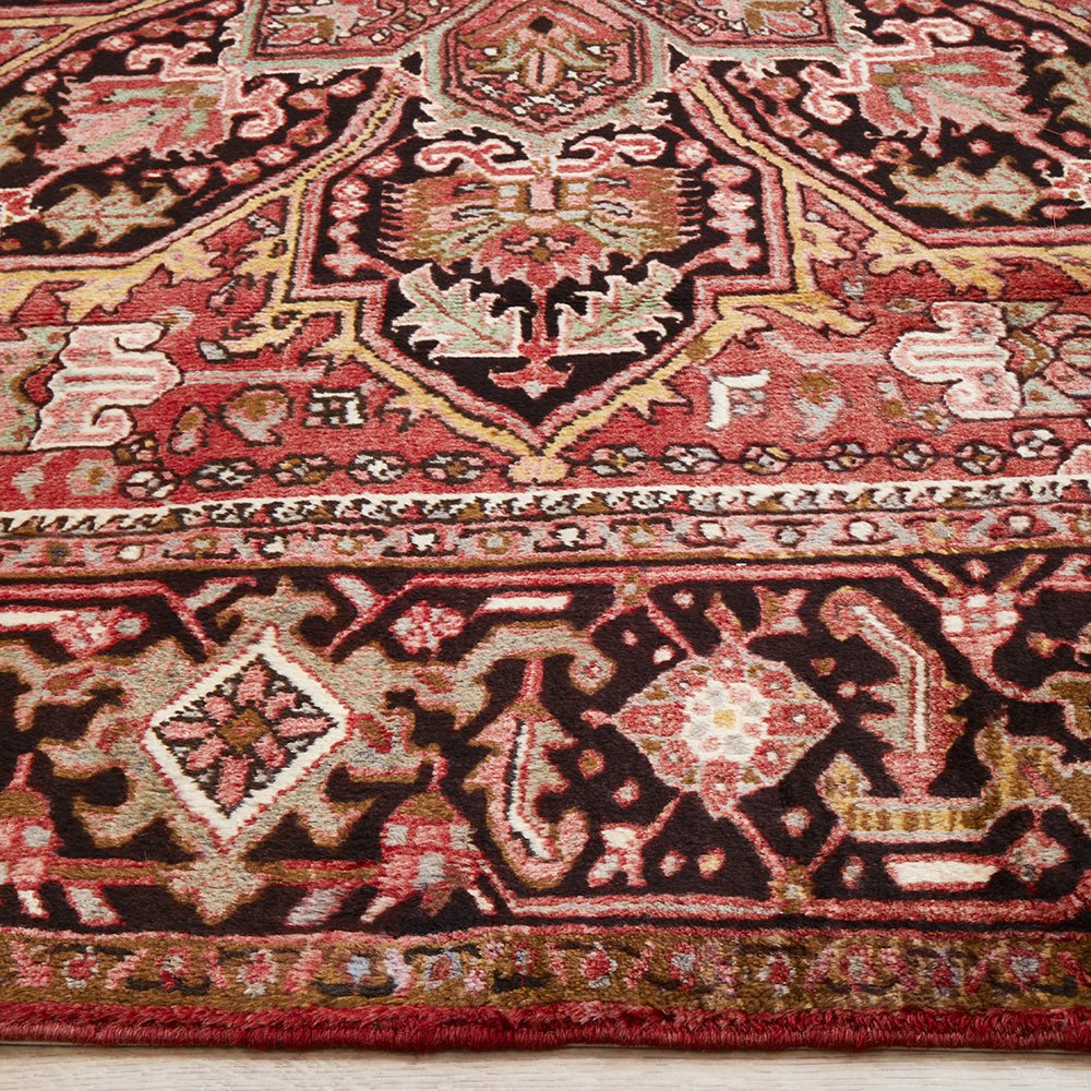 Persian Red Black Beige Multi Colour Geometric Medallion Heriz Patterned Hand Knotted Wool Rug - 4