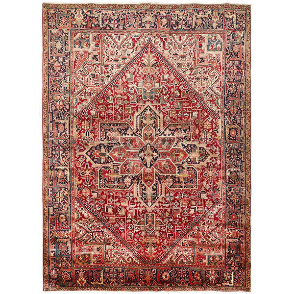 Persian Red Multi Colour Geometric Medallion Heriz Patterned Hand Knotted Wool Rug - Rugs Of Beauty - 1