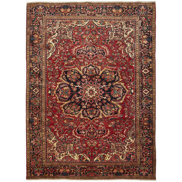 Persian Red Blue Multi Colour Geometric Medallion Heriz Patterned Hand Knotted Wool Rug - 1