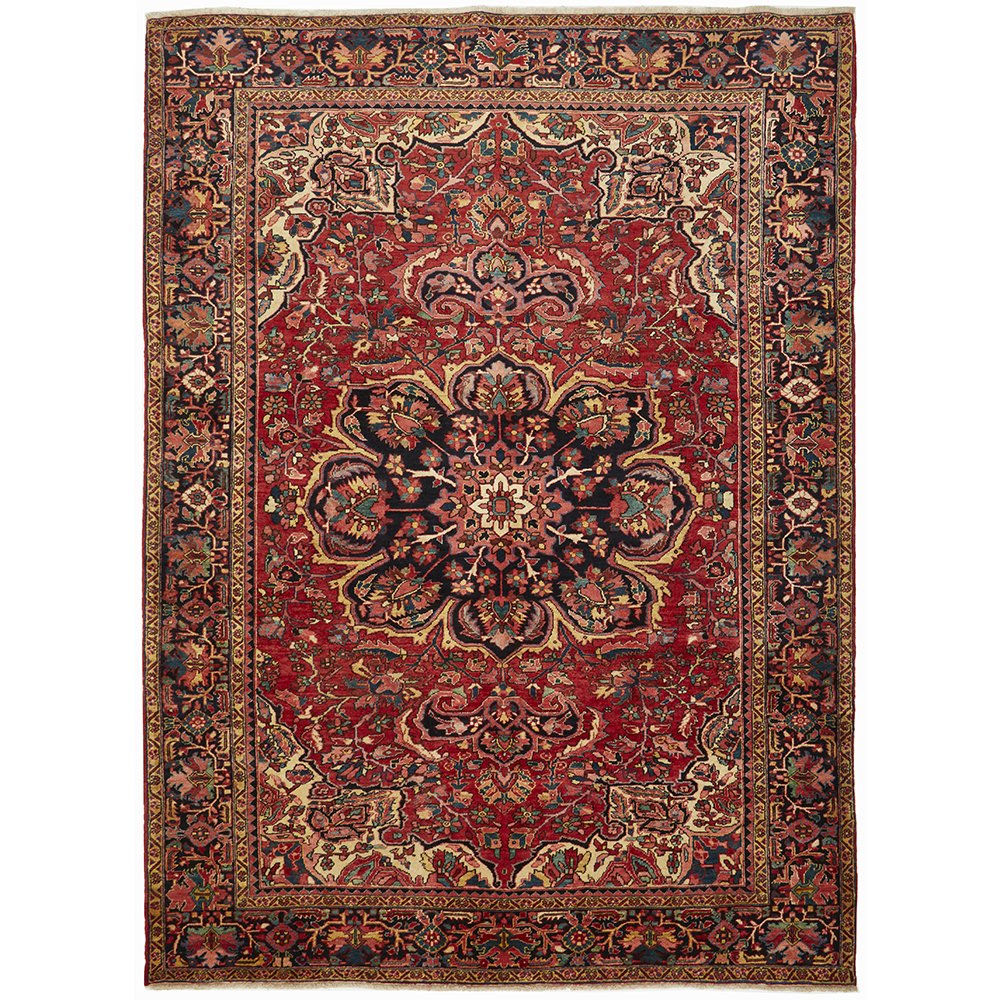 Persian Red Blue Multi Colour Geometric Medallion Heriz Patterned Hand Knotted Wool Rug - 1