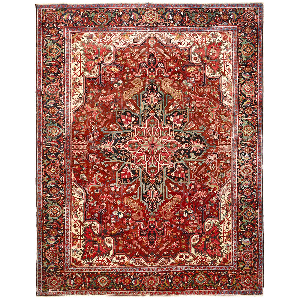 Persian Red Blue Multi Colour Geometric Medallion Heriz Patterned Hand Knotted Wool Rug - 1