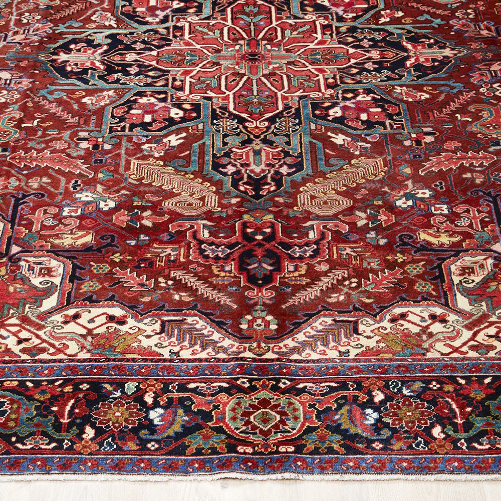 Persian Red Blue Multi Colour Geometric Medallion Heriz Patterned Hand Knotted Wool Rug - 2