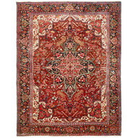 Persian Red Blue Multi Colour Geometric Medallion Heriz Patterned Hand Knotted Wool Rug - 1