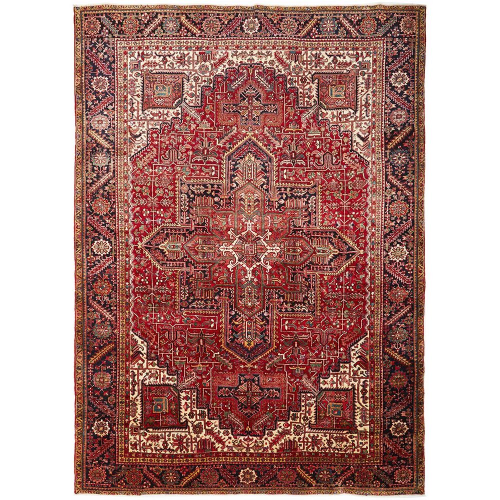 Persian Red Multi Colour Geometric Medallion Heriz Patterned Hand Knotted Wool Rug - 1