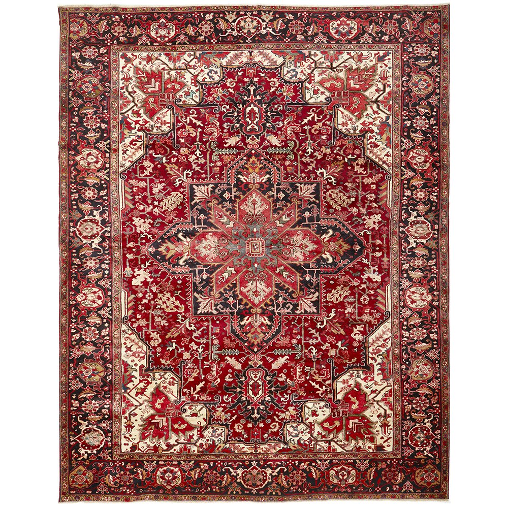 Persian Red Black Multi Colour Geometric Medallion Heriz Patterned Hand Knotted Wool Rug - 1