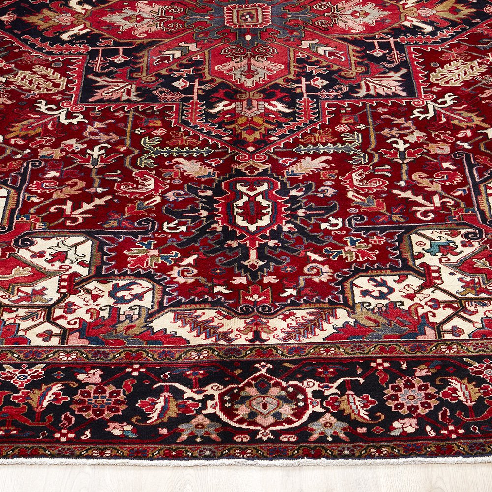 Persian Red Black Multi Colour Geometric Medallion Heriz Patterned Hand Knotted Wool Rug - 2