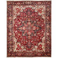 Persian Red Black Multi Colour Geometric Medallion Heriz Patterned Hand Knotted Wool Rug - 1
